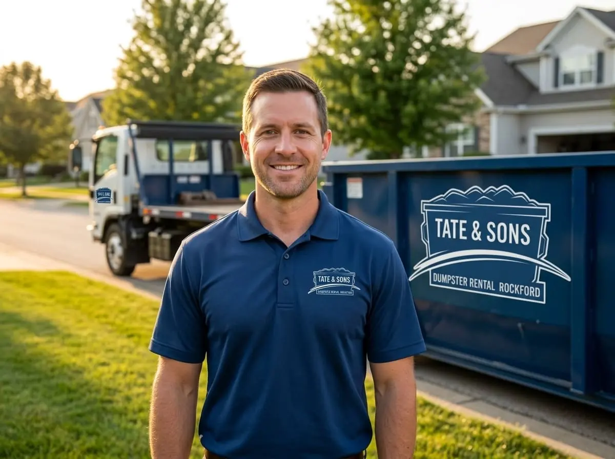 A Tate & Sons Dumpster Rental Rockford driver ready beside a roll-off container in Rockford, IL