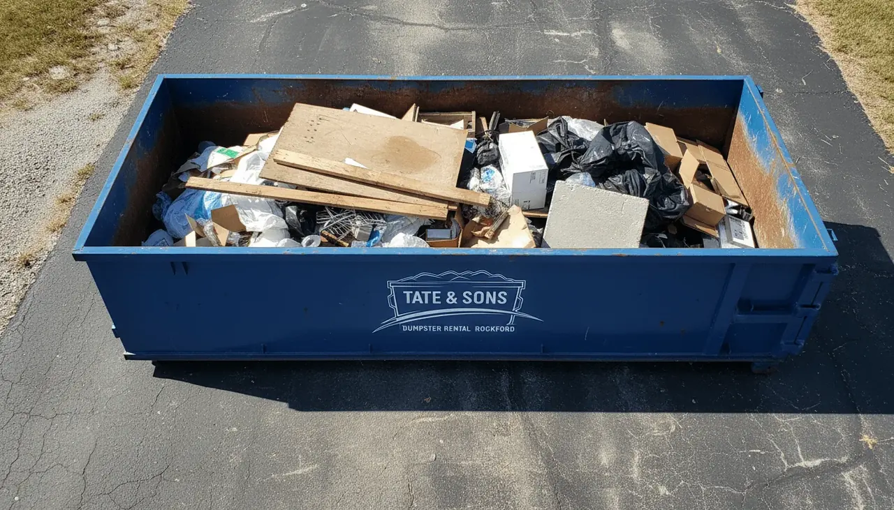 Roll-off dumpster delivered in Pecatonica, IL by Tate & Sons Dumpster Rental Rockford