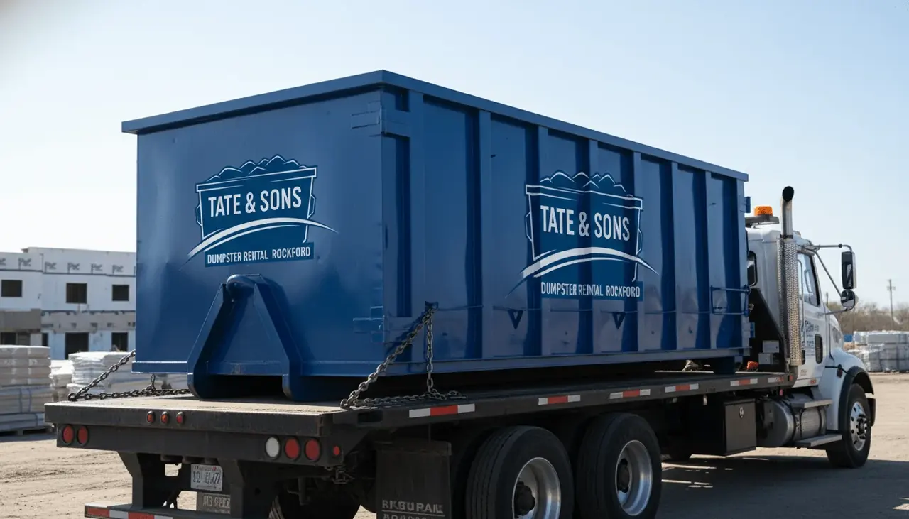 Tate & Sons Dumpster Rental Rockford roll-off dumpster on a delivery truck serving Rockford, IL