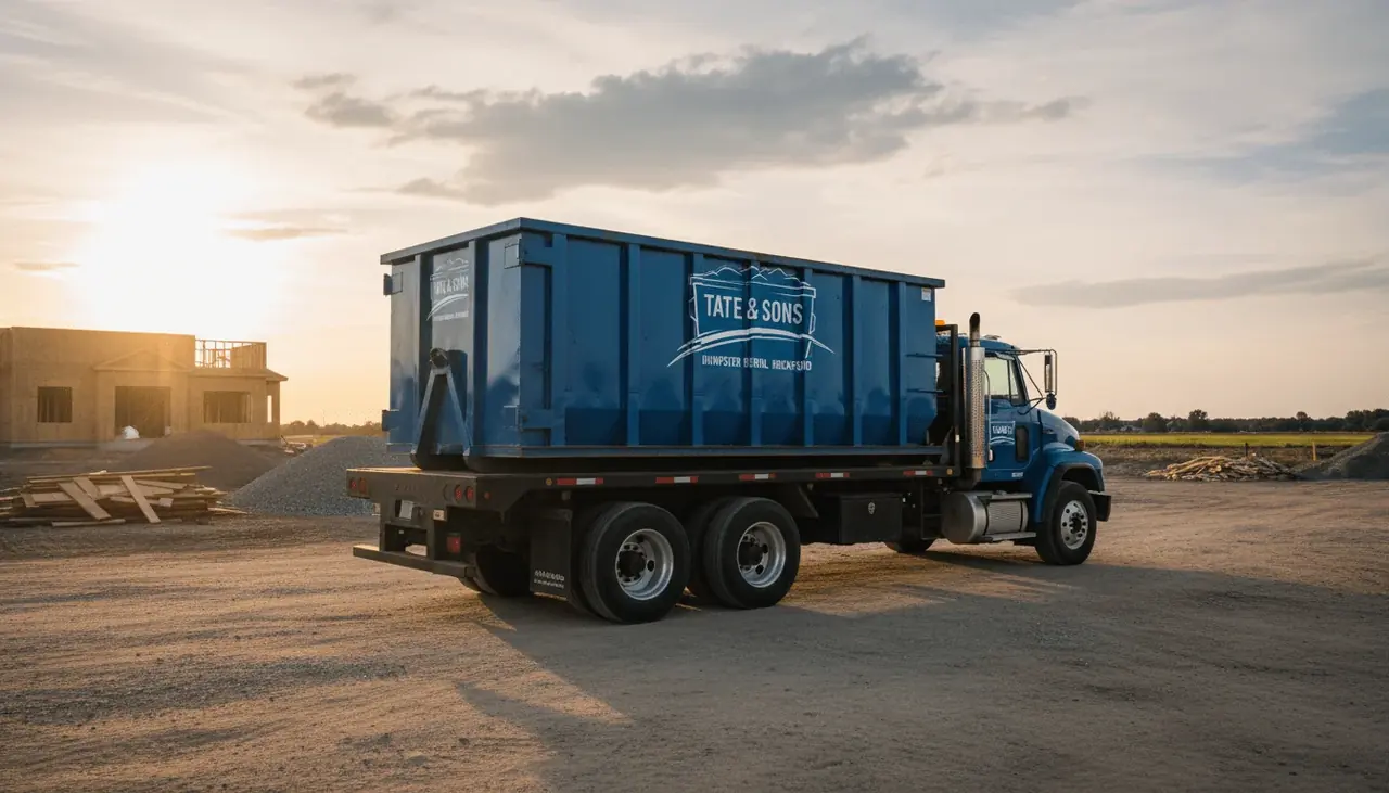 Rockford heritage and renovation debris Tate & Sons dumpster truck at sunset serving Rockford, IL