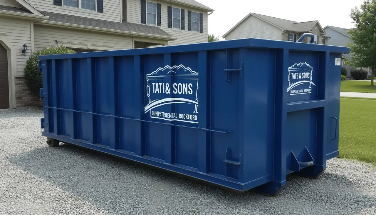 Illinois disposal rules and dumpster loading Roll-off dumpster staged in a Tate & Sons yard for disposal under Illinois rules in Rockford, IL