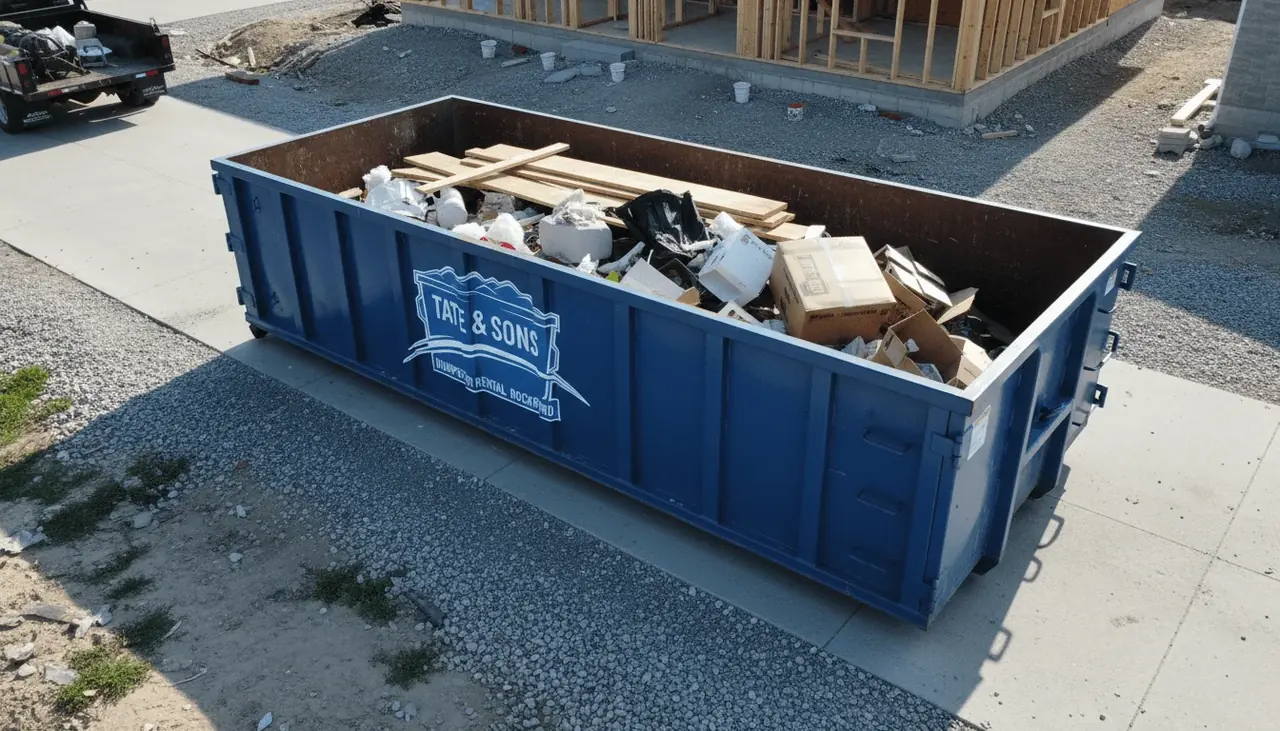 Loaded roll-off dumpster and tonnage weight Roll-off dumpster loaded with renovation debris near Rockford, IL